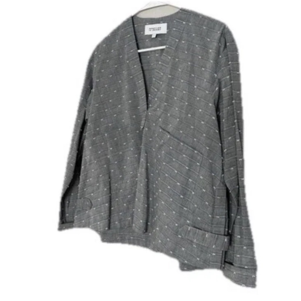 Derek Lam 10 Crosby Textured Swiss Dot Blue Chambray Woven Vneck Top Size 6